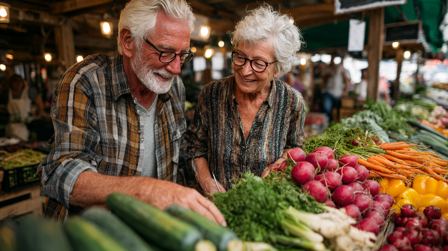 Старші люди готують здорову їжу разом